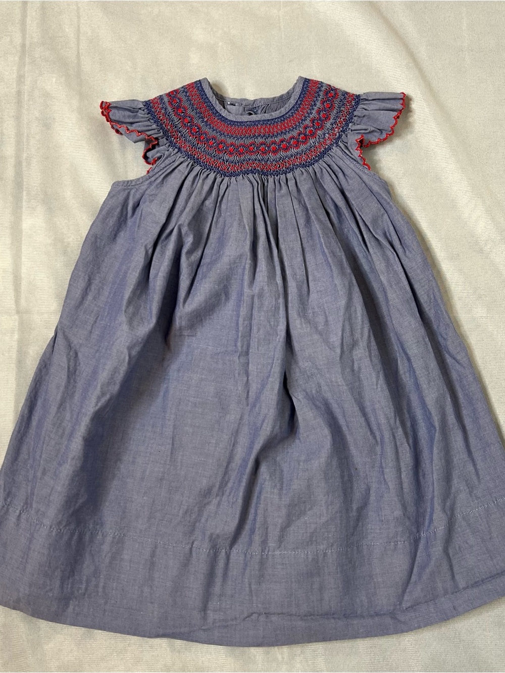 Smocked Dress Flutter sleeve 18Mo Chambray red blue Americana Preppy Southern